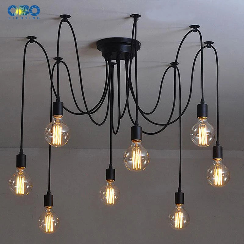 DIY Vintage Black Cord Multiple Light Sources Simple Pendant Lamp Dining Room Coffee 1-2m Wire Spider Pendant Lights